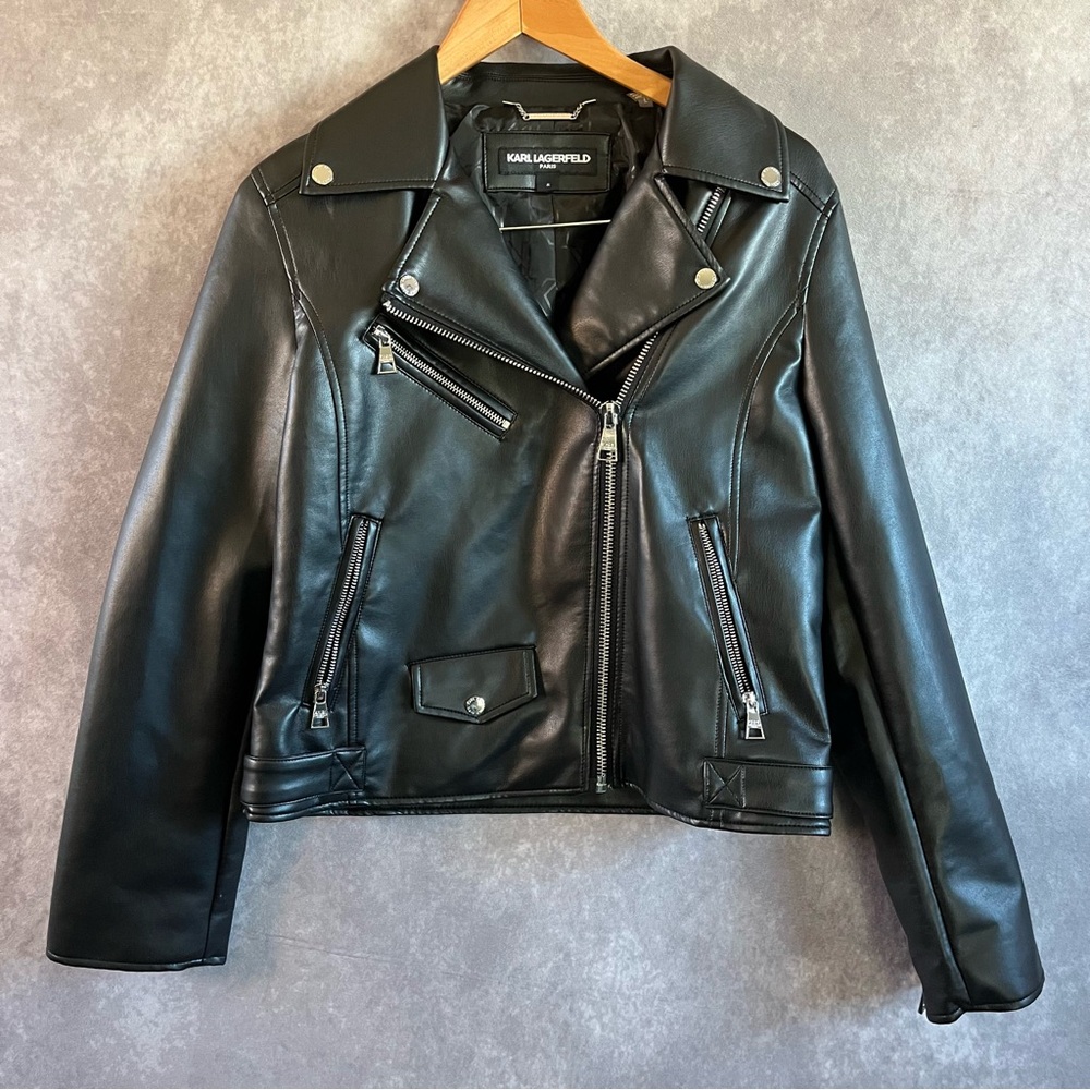 Karl Lagerfeld Soft Leather Womens Biker Jacket Black Size Medium M Zip Up NWOT